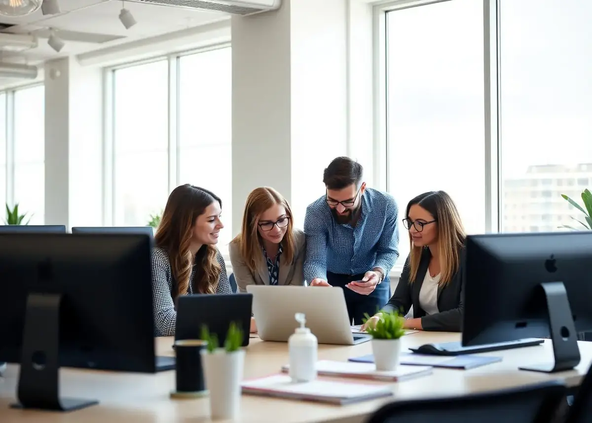 Small professional team collaborating around a laptop in a bright modern office